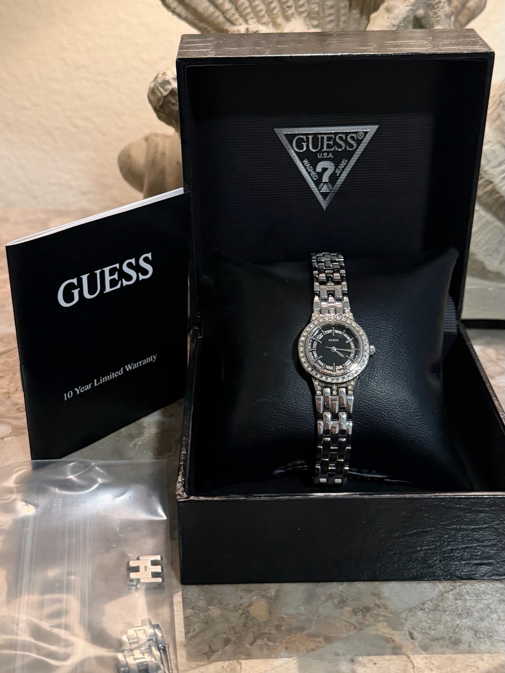 GUESS Silver-Tone Women's Bracelet Watch with Black Dial and Crystal Bezel